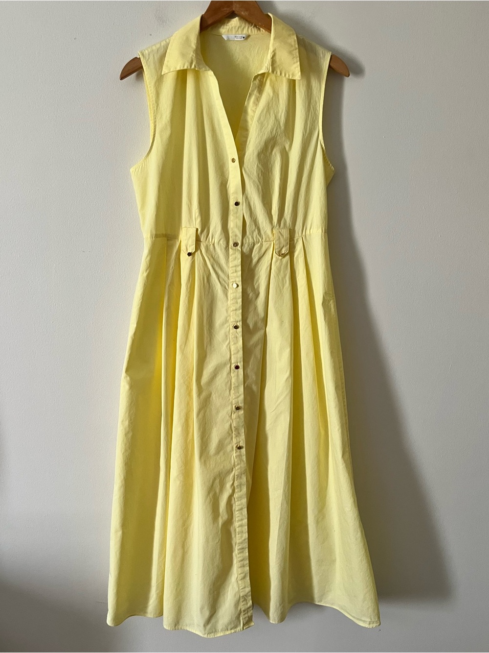 Zara Sleeveless 100% Cotton Butter Yellow Full Button Midi Dress European Large